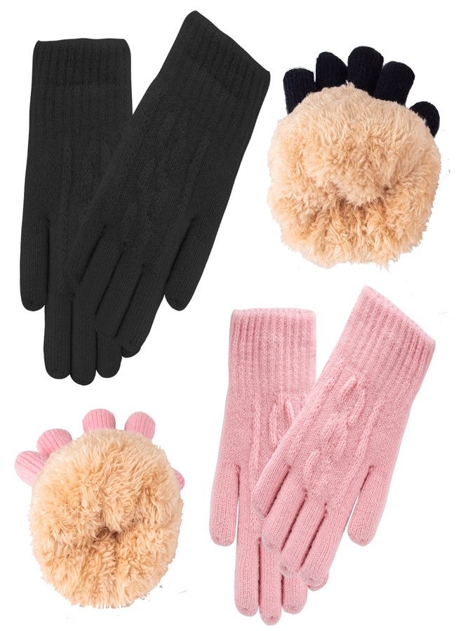 FENELY Kids Winter Knit Gloves Girls Warm Thermal Cable Knitted Gloves 10-14 Years Black Pink Wool Fleece Lined Mittens for Cold Weather - Image 1