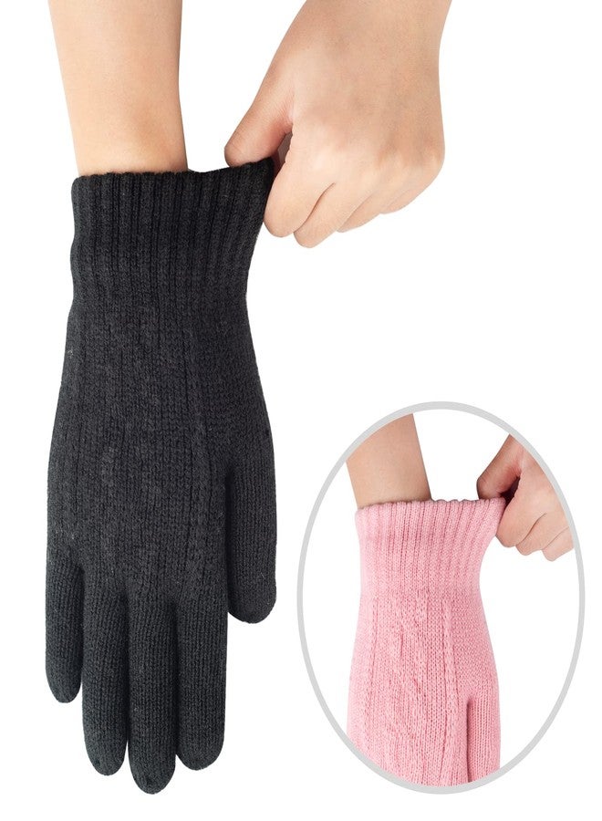 FENELY Kids Winter Knit Gloves Girls Warm Thermal Cable Knitted Gloves 10-14 Years Black Pink Wool Fleece Lined Mittens for Cold Weather - Image 4