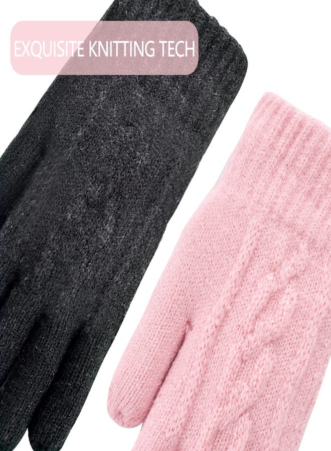 FENELY Kids Winter Knit Gloves Girls Warm Thermal Cable Knitted Gloves 10-14 Years Black Pink Wool Fleece Lined Mittens for Cold Weather - Image 3