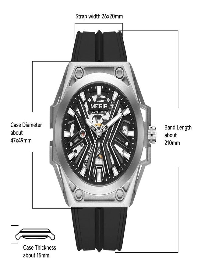 MEGIR Automatic Men's Wrist Watch, 316L Steel Case, Luminous Dial, 5ATM Water Resistant, Silicone Band, Black - Image 2
