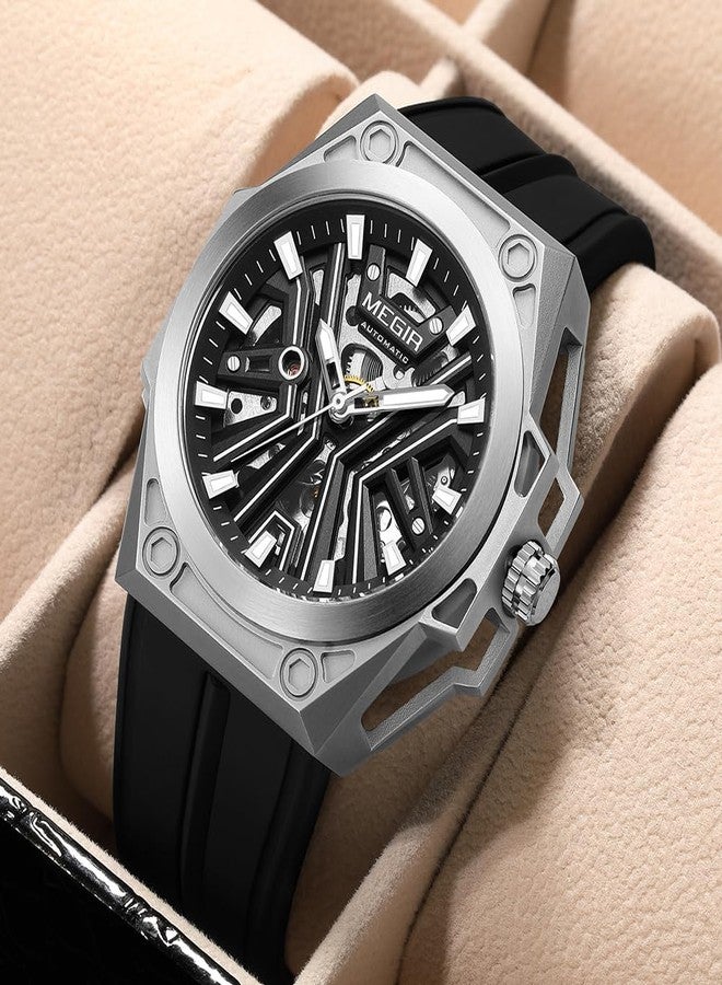 MEGIR Automatic Men's Wrist Watch, 316L Steel Case, Luminous Dial, 5ATM Water Resistant, Silicone Band, Black - Image 3