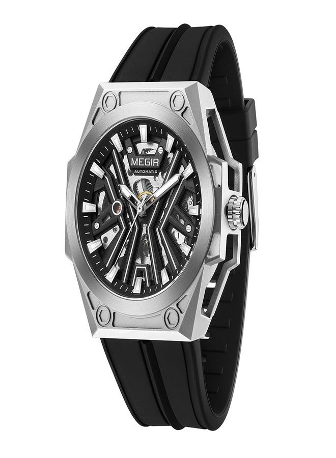 MEGIR Automatic Men's Wrist Watch, 316L Steel Case, Luminous Dial, 5ATM Water Resistant, Silicone Band, Black - Image 1