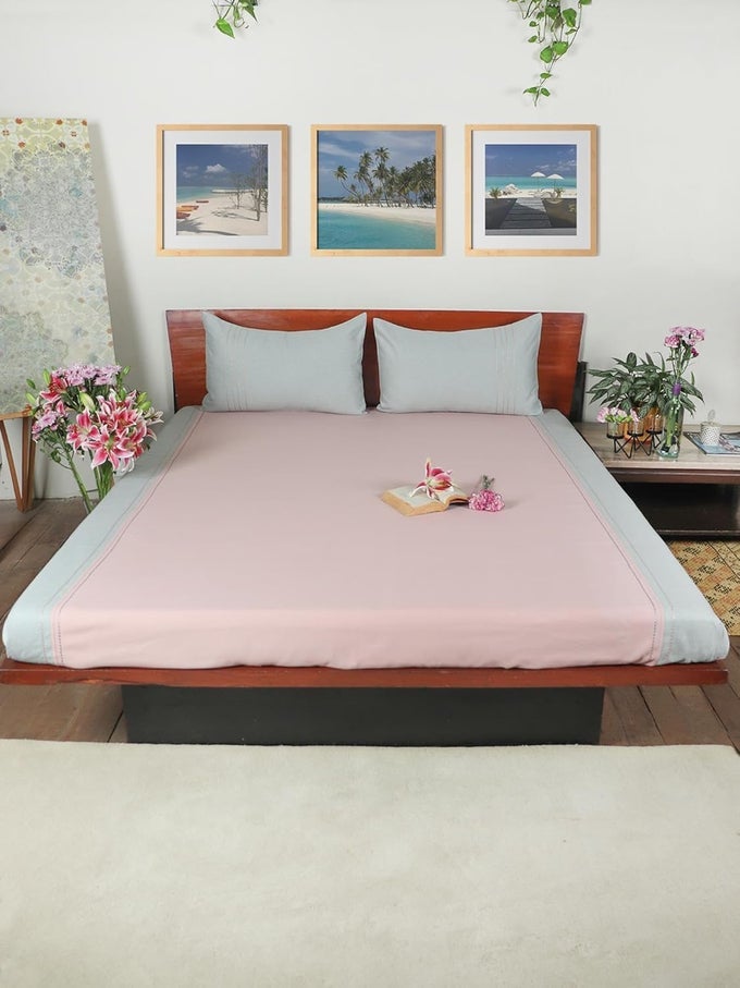 WORLD COTTON BLEND HAND EMBROIDERED BEDCOVER FOR DOUBLE BED WITH 2 PILLOW COVERS CHAWAL TAKA DUCKEGG PINK WITH BLUE PILLOWS BEDCOVER 90 X 108INCHES 75X9FT PILLOW 17X27IN
