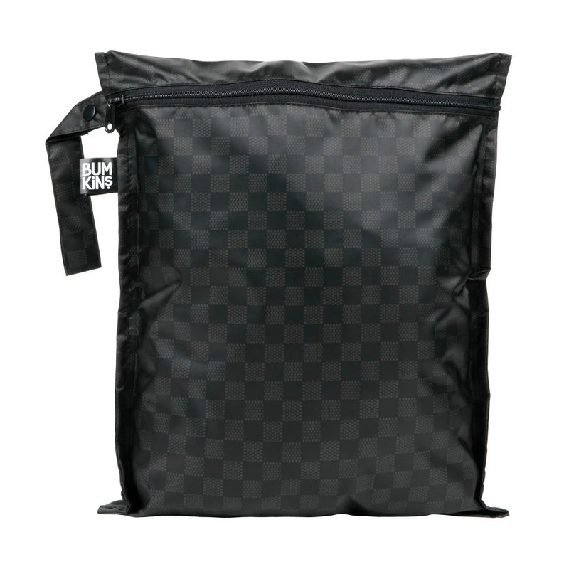 Bumkins Waterproof Wet Bag for Baby Travel Swim Suit Cloth Diapers Pump Parts Pool Beach Gym Clothes Toiletry Hook to Stroller Daycare Zipper Reusable Wetdry Packing Pouch Black Check