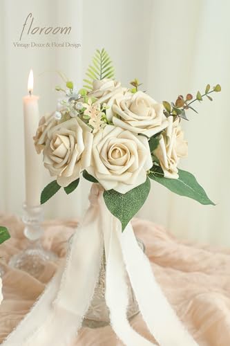 Floroom Artificial Flowers 25pcs Real Looking Beige Foam Fake Roses with Stems for DIY Wedding Bouquets Bridal Shower Centerpieces Floral Arrangements Party Tables Home Decorations - Image 2
