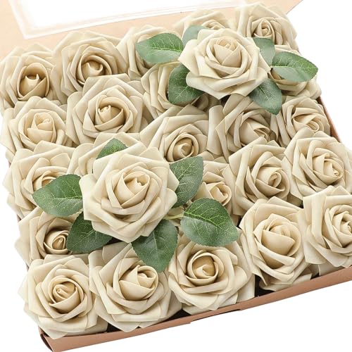 Floroom Artificial Flowers 25pcs Real Looking Beige Foam Fake Roses with Stems for DIY Wedding Bouquets Bridal Shower Centerpieces Floral Arrangements Party Tables Home Decorations - Image 1
