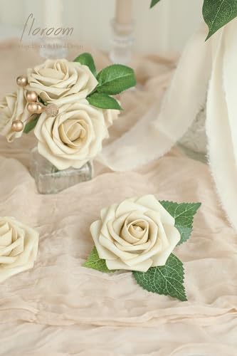 Floroom Artificial Flowers 25pcs Real Looking Beige Foam Fake Roses with Stems for DIY Wedding Bouquets Bridal Shower Centerpieces Floral Arrangements Party Tables Home Decorations - Image 4