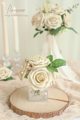 Floroom Artificial Flowers 25pcs Real Looking Beige Foam Fake Roses with Stems for DIY Wedding Bouquets Bridal Shower Centerpieces Floral Arrangements Party Tables Home Decorations - Image 3