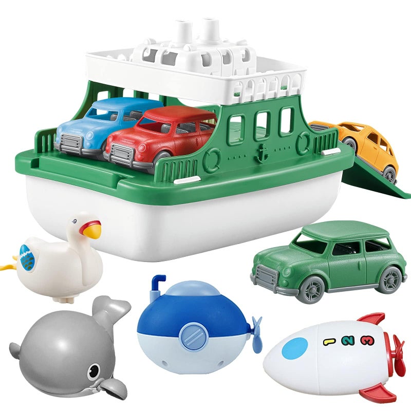 OKGIUGN Ferry Boat with 4 Car and 4 Wind Up Bath Swimming Toys Kids Bath Toy Floating Vehicle Whales Submarines Swans Rockets Bathtub Bathroom Pool Beach Toy Set for Toddlers Boys Girls - Image 2