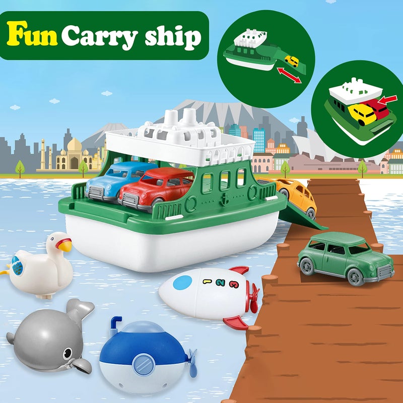 OKGIUGN Ferry Boat with 4 Car and 4 Wind Up Bath Swimming Toys Kids Bath Toy Floating Vehicle Whales Submarines Swans Rockets Bathtub Bathroom Pool Beach Toy Set for Toddlers Boys Girls - Image 3