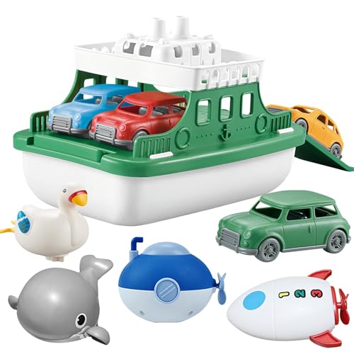 OKGIUGN Ferry Boat with 4 Car and 4 Wind Up Bath Swimming Toys Kids Bath Toy Floating Vehicle Whales Submarines Swans Rockets Bathtub Bathroom Pool Beach Toy Set for Toddlers Boys Girls - Image 1