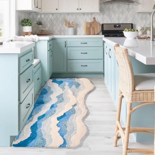 DyeFury Large Ocean Sea Wave Rug 60x30 Beach Themed Room Decor Aesthetic Beachy Decor for Bedroom Nursery Kitchen Washable Blue Area Rug for Summer Room Nautical Coastal Room Decor