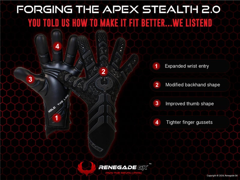 Renegade GK Apex Black Professional Strapless Goalie Gloves | 4mm EXT Contact Grip | Black Soccer Goalkeeper Gloves (Size 9, Youth-Adult, Evo Neg. Cut, Level 5.5)