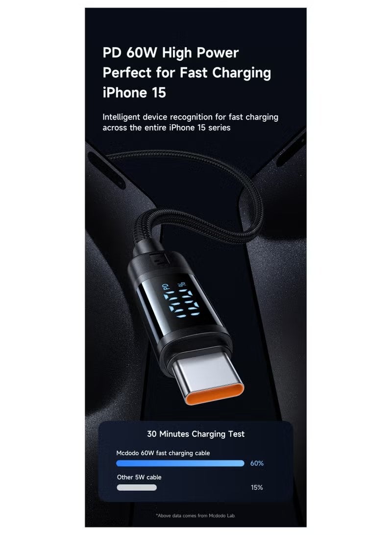 Mcdodo كابل شحن سريع USB C إلى USB C 60W PD مع شاشة LED لعرض الطاقة مصنوعة من النايلون المتين عالي السرعة لنقل البيانات لشاحن نوع C للكمبيوتر المحمول والهاتف الذكي والتابلت آيفون 15 16 سامسونج S24 ألترا ماك بوك - Image 3