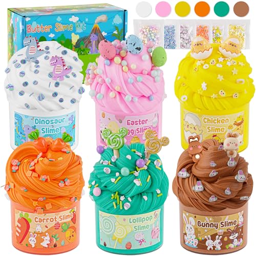 LAWOHO Butter Slime Kit Easter Basket Stuffers 6 Prefilled Easter Eggs with Butter Slime Cute Slimes Addins Soft Non Stick Fluffy Slimes for Birthday Party Favors for Girls Boys Egg Fillers - Image 1