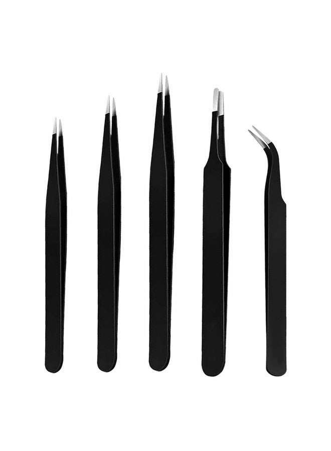 HUNCHA Tweezers for Ingrown Hair Removal, Surgical Grade Medical Tweezers with Sharp Needle Nose Point Tips Ideal Pointed Tweezers for Splinters Tick Removal, Black, Design 0, 00, 2A, 3C, 7, Pack of 5 - Image 1