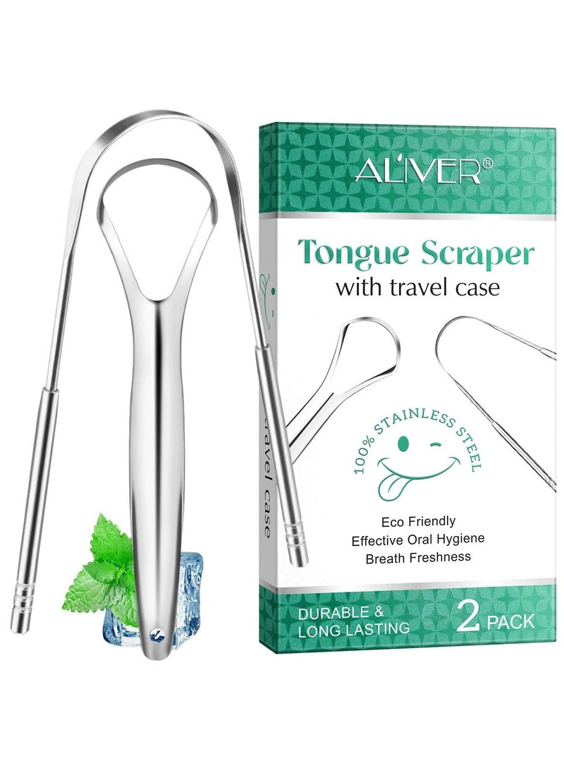 ALIVER 2pack Tongue Scraper Stainless Steel Tongue Cleaners with Travel Box Tongue Cleaner Tool for Oral Hygiene Fresh Breath Reduce Bad Breath Reusable Tongue Scrapers for Adults Silver  - Image 1