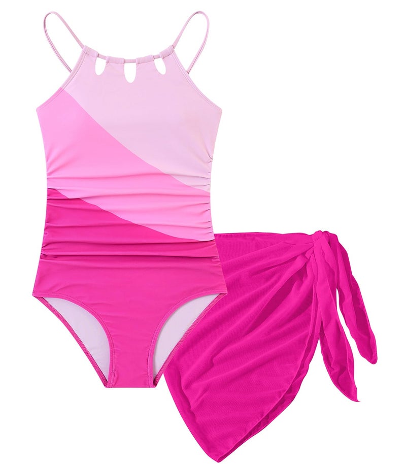 Cuddomper Girls Swimsiut Size 11-12 Color Block Teen One-Piece Bathing Suit with Hot Pink Mesh Cover Ups Adjustable Straps Cut Out Swimwear - Image 4