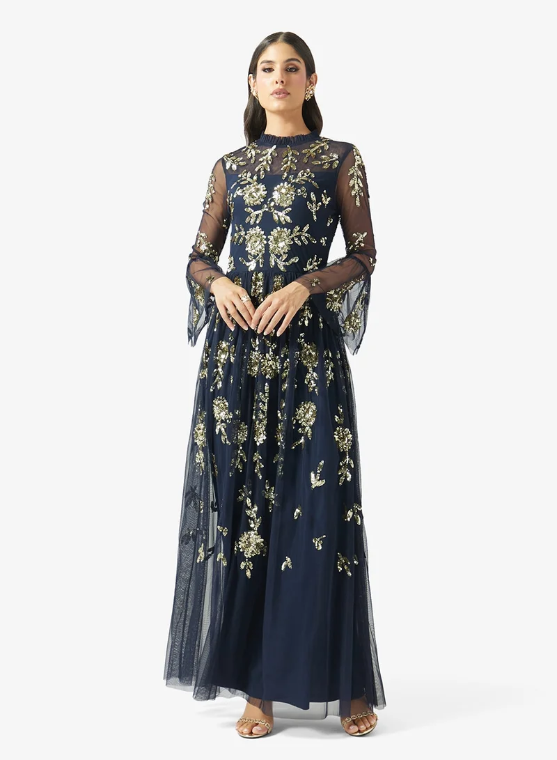 Frock And Frill NAVY Embellished Flared Sleeve  Maxi Dress for Women | Best Price UAE