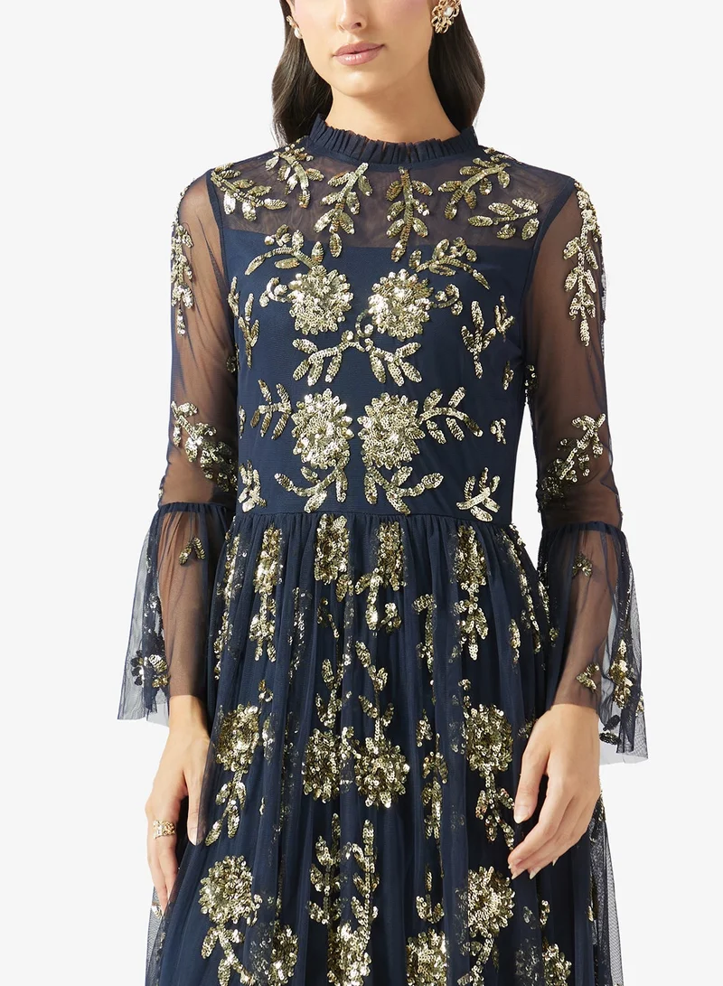 Frock And Frill NAVY Embellished Flared Sleeve  Maxi Dress for Women | Best Price UAE