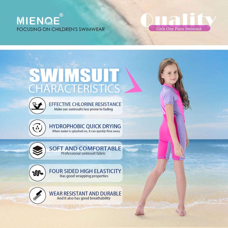 MIENOE Teen Girls One Piece Swimsuit Kid Swimsuit Girls Water Sport Short Swimsuit UPF 50+ Sun Protection Bathing Suits (Size 12-14Years, Pink) - Image 3