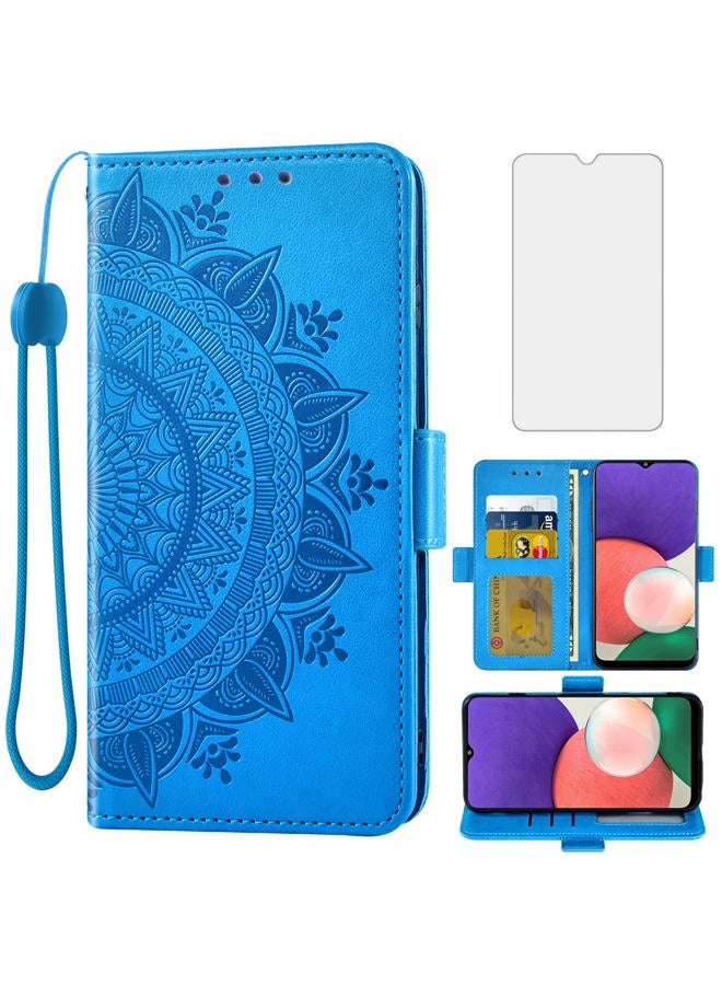 Asuwish Compatible with Samsung Galaxy A22 5G 6.6 inch Wallet Case and Tempered Glass Screen Protector Credit Card Holder Flip Wrist Strap Stand Cell Phone Cover for Glaxay A 22 22A G5 Women Men Blue - Image 1