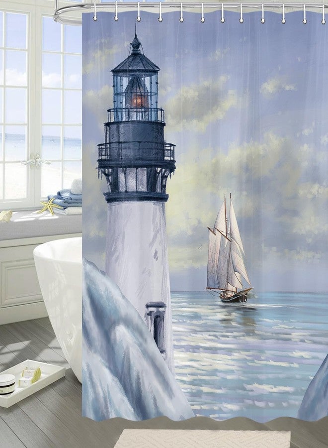 Jipusai Nautical Lighthouse Shower Curtain, Beach Ocean Coastal Shower Curtains Sets for Bathroom, Blue Sailboat Sunrise Seascape Fabric Bath Curtain Bathtub Decor Accessories with Hooks 70X70IN - Image 4