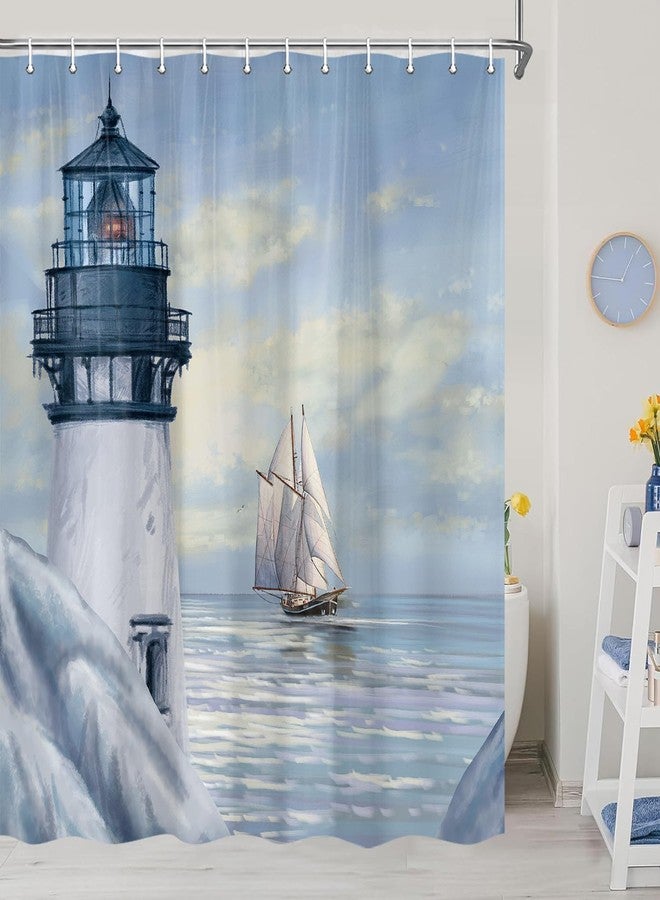 Jipusai Nautical Lighthouse Shower Curtain, Beach Ocean Coastal Shower Curtains Sets for Bathroom, Blue Sailboat Sunrise Seascape Fabric Bath Curtain Bathtub Decor Accessories with Hooks 70X70IN - Image 2