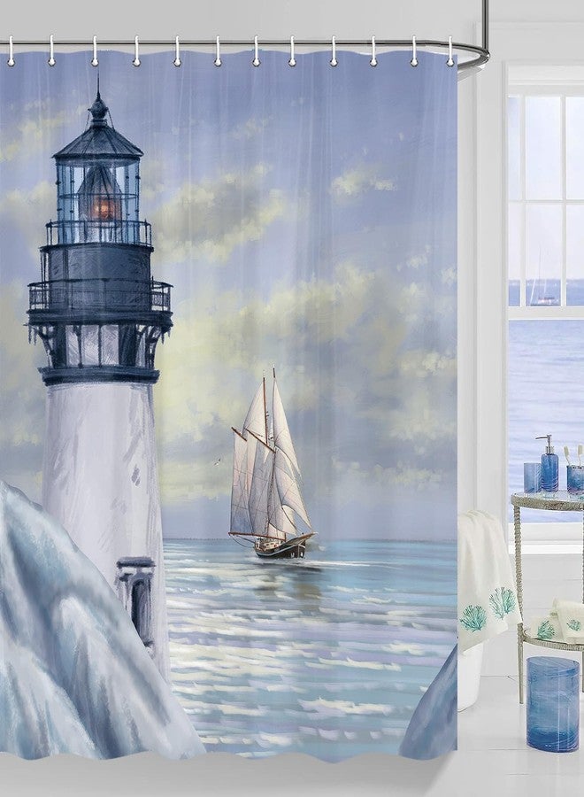 Jipusai Nautical Lighthouse Shower Curtain, Beach Ocean Coastal Shower Curtains Sets for Bathroom, Blue Sailboat Sunrise Seascape Fabric Bath Curtain Bathtub Decor Accessories with Hooks 70X70IN - Image 1