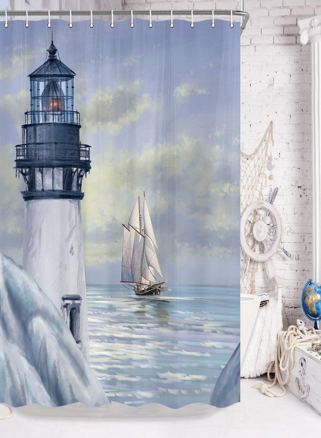 Jipusai Nautical Lighthouse Shower Curtain, Beach Ocean Coastal Shower Curtains Sets for Bathroom, Blue Sailboat Sunrise Seascape Fabric Bath Curtain Bathtub Decor Accessories with Hooks 70X70IN - Image 3