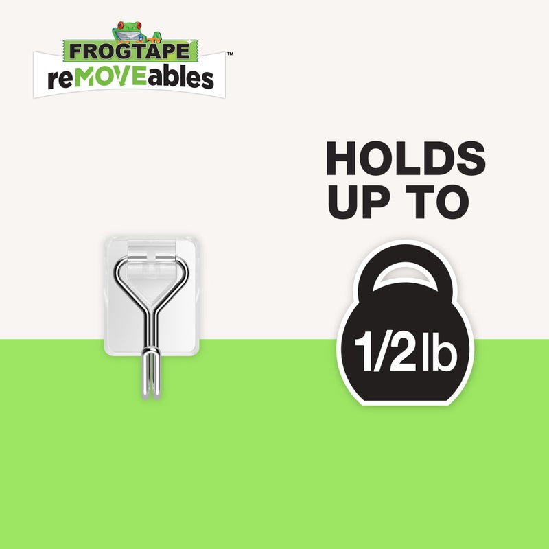 FrogTape reMOVEables Damage Free Adhesive Hook - Removable & Reusable Small Wire Wall Hooks for Hanging - No Nails - Includes 9 Hooks & 12 Adhesive Strips - Holds up to 0.5 lb - Clear (Pack of 9) - Image 2