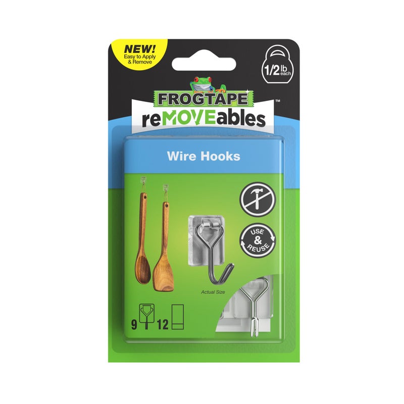 FrogTape reMOVEables Damage Free Adhesive Hook - Removable & Reusable Small Wire Wall Hooks for Hanging - No Nails - Includes 9 Hooks & 12 Adhesive Strips - Holds up to 0.5 lb - Clear (Pack of 9) - Image 1