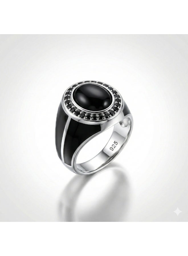 Fine Silver 925 Sterling Silver Men's Ring with Oval Black Stone and Halo Enamel Design
