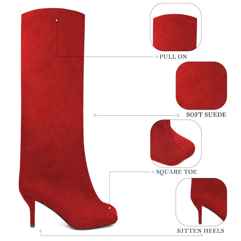 UBWDU Knee High Boots for Women Suede Square Toe Tall Boots Fashion Trendy Long Riding Booties Red 11 - Image 4