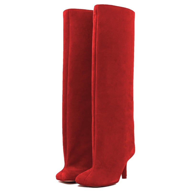 UBWDU Knee High Boots for Women Suede Square Toe Tall Boots Fashion Trendy Long Riding Booties Red 11 - Image 1
