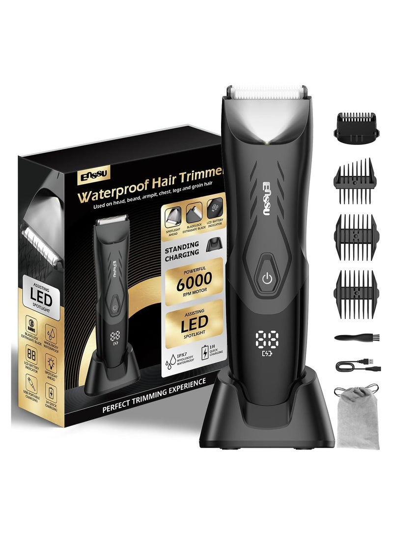 ENSSU Body Hair Trimmer for Men, Electric Groin Hair Trimmer, Ball Trimmer with Skin-Safe Ceramic Clipper & Wireless Charging Dock, Waterproof Body Groomer for Groin, Chest, Beard & Pubic Hair (Black) - Image 1