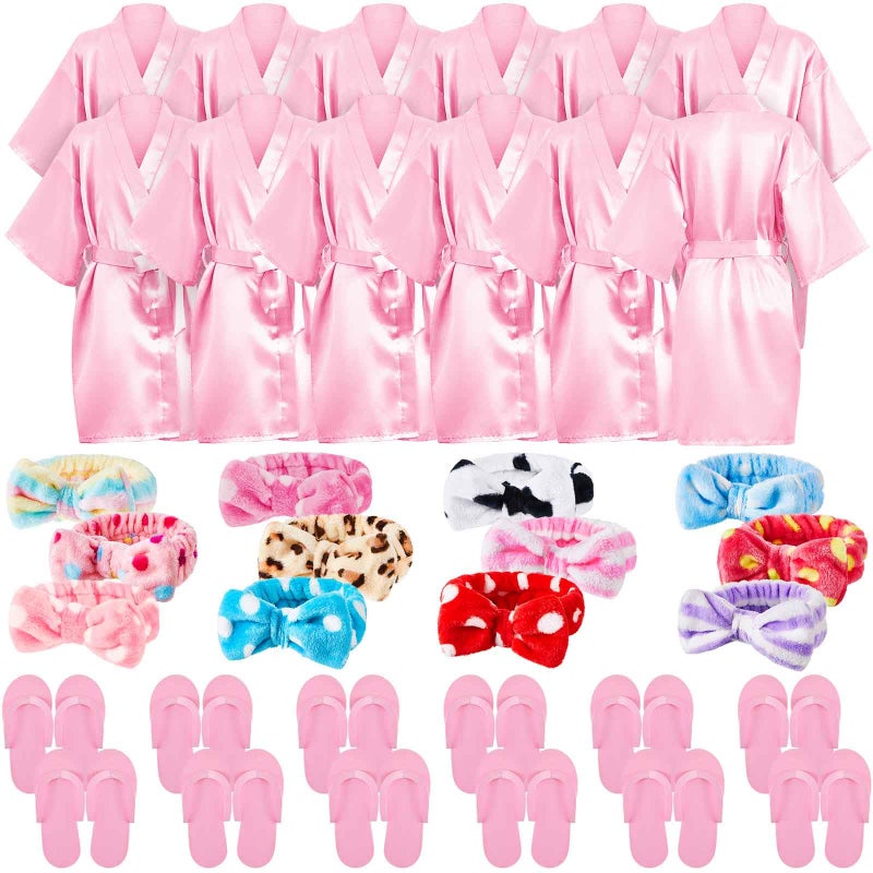 Xuhal 36 Pcs Spa Party Supplies for Girls 12 Kimono Robe V Neck Bathrobe 12 Soft Spa Headband 12 Disposable Foam Slippers small sizeSize 8Pink