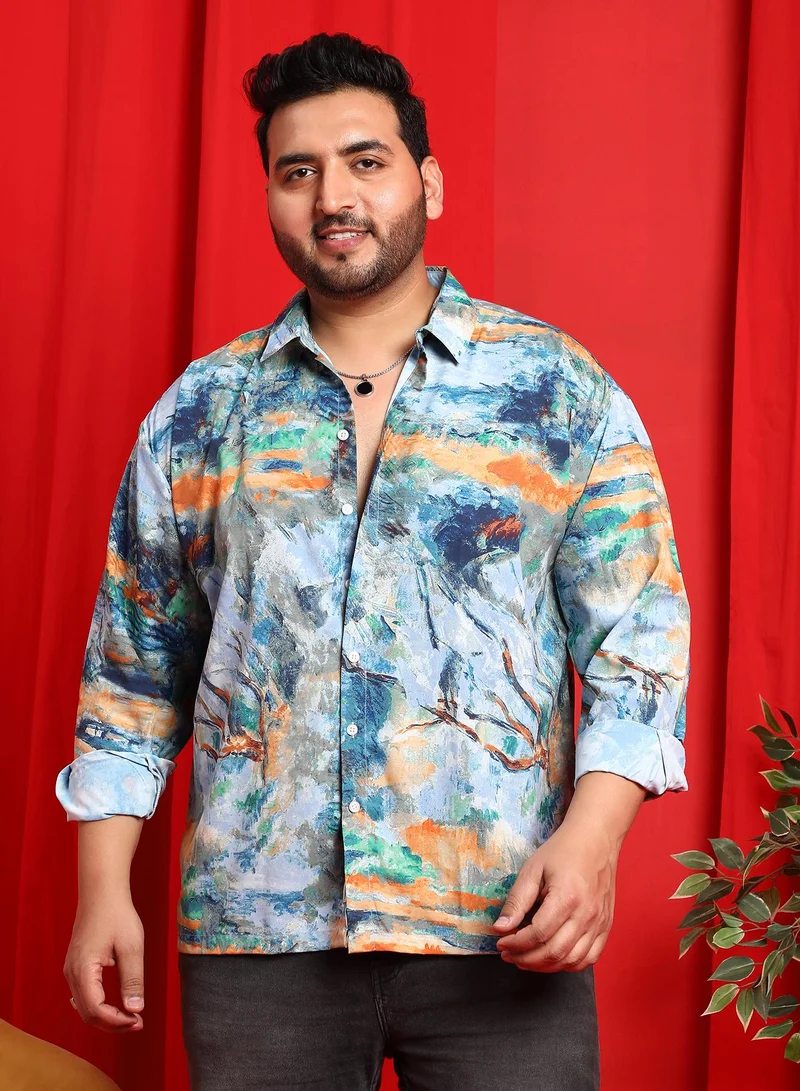 انستافاب بلس قميص رجالي مقاس بلس أزرق سماوي وبرتقالي بلونين متداخلين للملابس الكاجوال بياقة عريضة وأكمام طويلة بأزرار