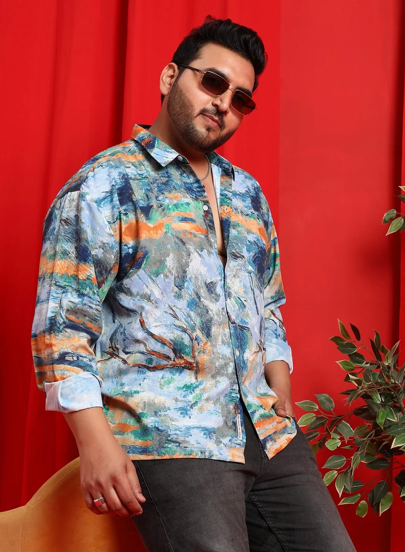 انستافاب بلس قميص رجالي مقاس بلس أزرق سماوي وبرتقالي بلونين متداخلين للملابس الكاجوال بياقة عريضة وأكمام طويلة بأزرار