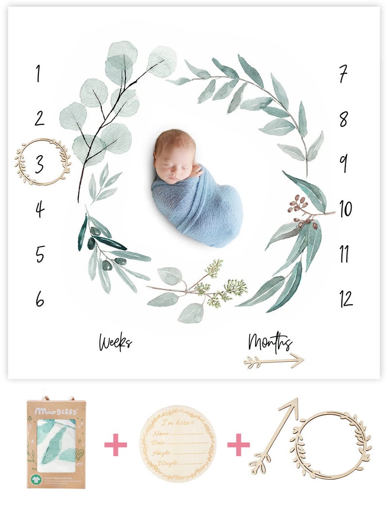 Organic Baby Monthly Milestone Blanket Newborn Boy Girl Unisex Gender Neutral Green Leaf Wreath Eucalyptus Baby Nursery Month Picture Blanket Growth Photography Background PropBirth Announcement