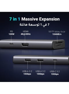 7 in 1 Type C USB Hub Compact design ensures easy and quick use of various devices with 10Gbps data transfer speed + 100W power and fast charging + 4K HDMI port + two card readers
