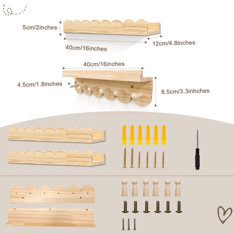 icnjdMopclean Nursery Shelves for Wall with Hooks-Scalloped Wall Book Shelves for Bedroom Kids Set of 3, Nursery Furniture Must Have, 16 Inch, Natural - Image 3
