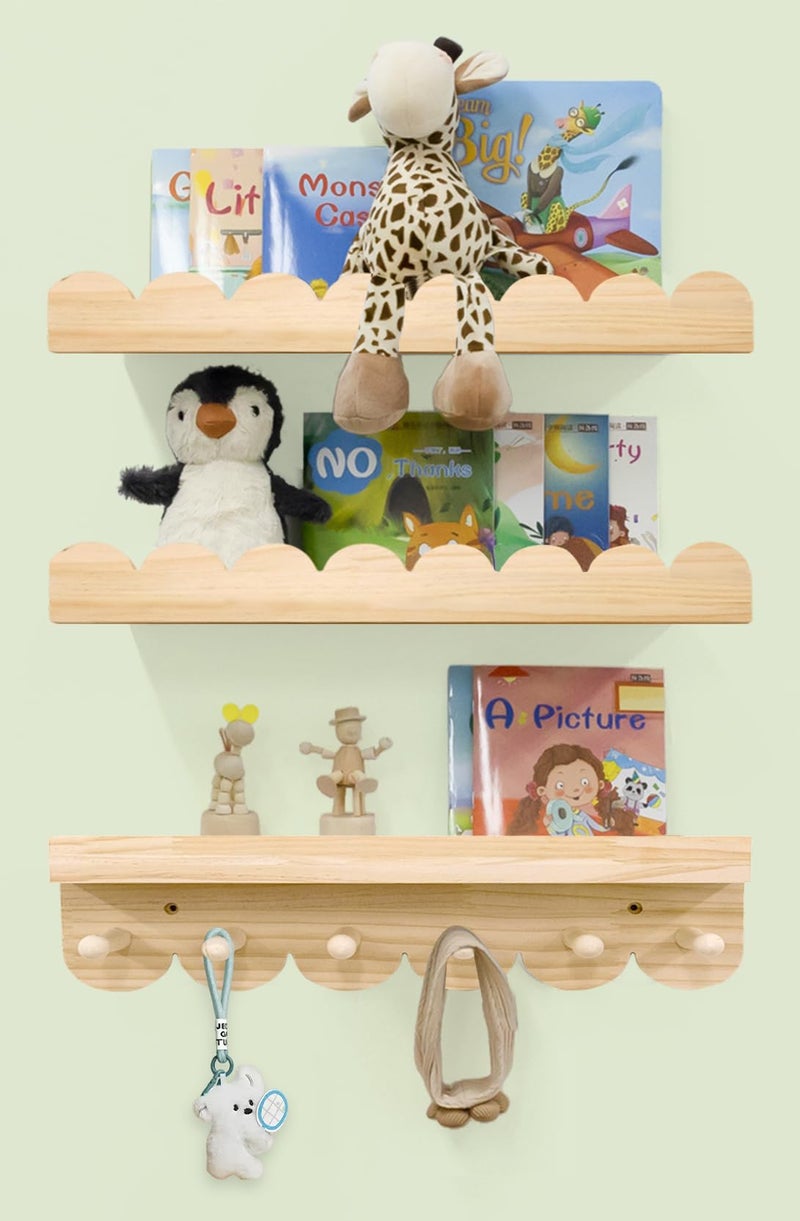icnjdMopclean Nursery Shelves for Wall with Hooks-Scalloped Wall Book Shelves for Bedroom Kids Set of 3, Nursery Furniture Must Have, 16 Inch, Natural - Image 1