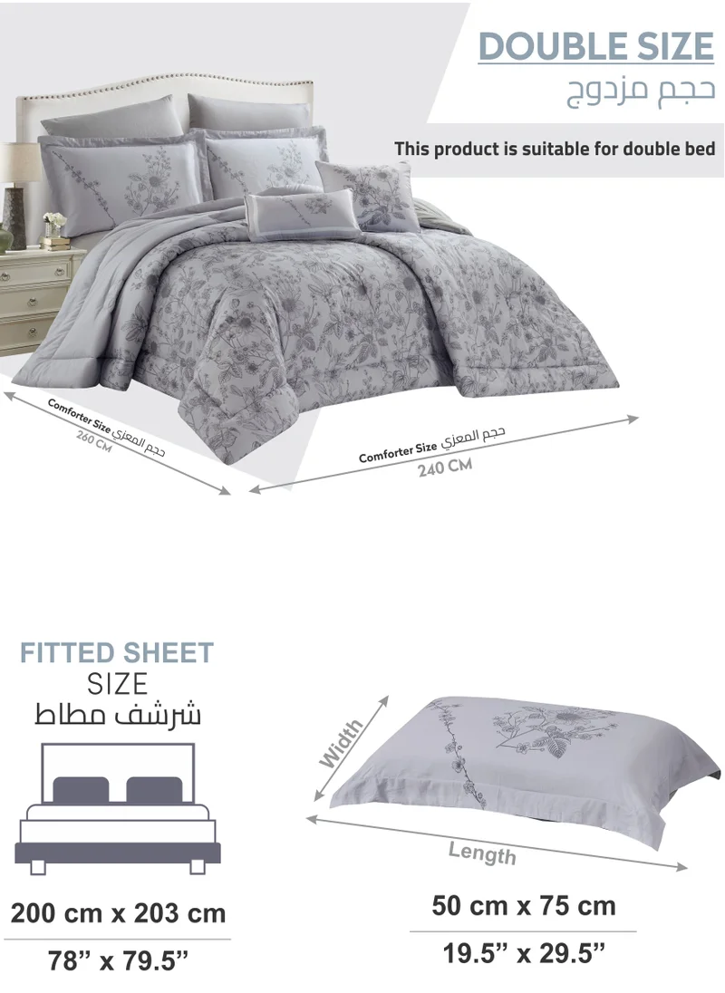 Donetella Cotton Comforter Set 8-Pcs King Size All Season Reversible Floral Printed Bed Fits(200 X 200 Cm) With 350 GSM Down ALternative Filling,Santa Grey