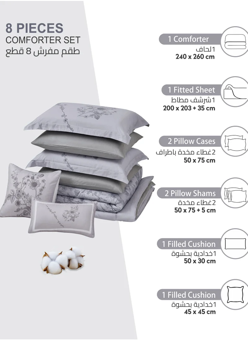 Donetella Cotton Comforter Set 8-Pcs King Size All Season Reversible Floral Printed Bed Fits(200 X 200 Cm) With 350 GSM Down ALternative Filling,Santa Grey