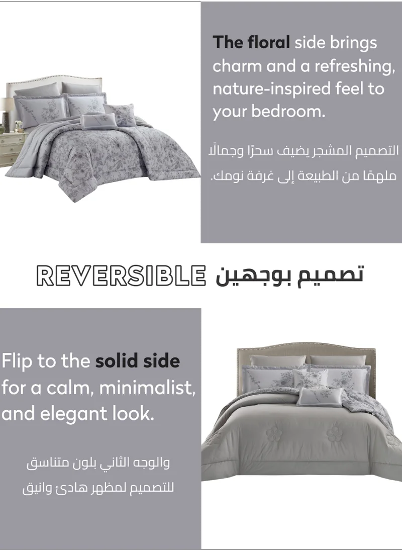Donetella Cotton Comforter Set 8-Pcs King Size All Season Reversible Floral Printed Bed Fits(200 X 200 Cm) With 350 GSM Down ALternative Filling,Santa Grey