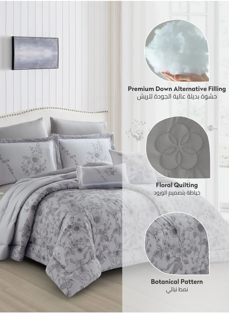 Donetella Cotton Comforter Set 8-Pcs King Size All Season Reversible Floral Printed Bed Fits(200 X 200 Cm) With 350 GSM Down ALternative Filling,Santa Grey