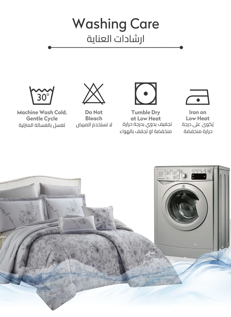 Donetella Cotton Comforter Set 8-Pcs King Size All Season Reversible Floral Printed Bed Fits(200 X 200 Cm) With 350 GSM Down ALternative Filling,Santa Grey