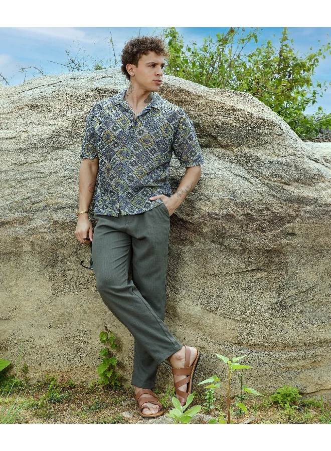 Campus Sutra Men's Lapis Blue & Yellow Ochre Geometric Block Oversized Shirt For Casual Wear | Cuban Collar | Short Sleeve | Button Closure | Oversized Shirt Crafted With Comfort Fit For Everyday Wear