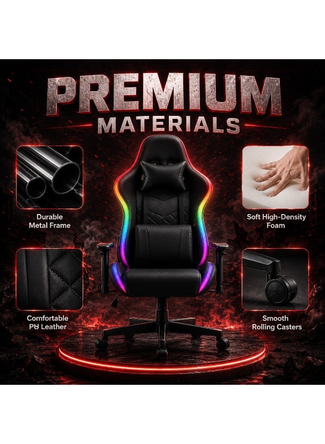 كرسي ألعاب قيمنق إرجونوميك بإضاءة RGB ومسند ظهر قابل للإمالة مع وسادة للظهر - Image 3